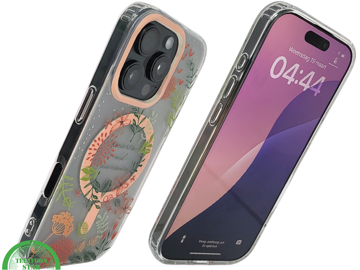 8iPhone 16 Pro Transparant Hoesje Met Bloemenprint En Elegante Tekstdecoratie