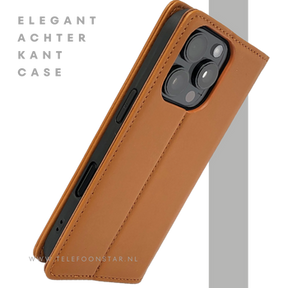 iPhone 16 Pro Max Bookcase Hoesje Cognac &ndash; Leren Look met Magnetische Sluiting