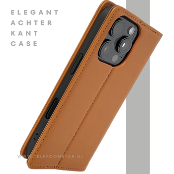 iPhone 16 Pro Max Bookcase Hoesje Cognac &ndash; Leren Look met Magnetische Sluiting