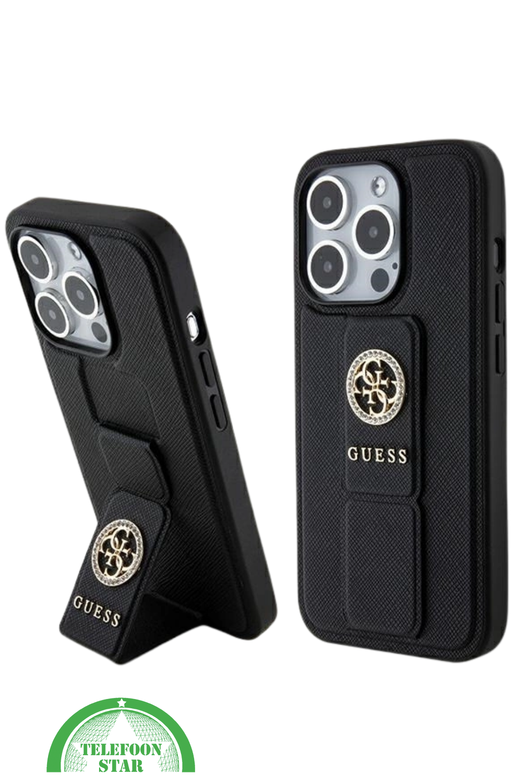 Hoesje voor iPhone 15 Pro met Standaard – Zwart Design met Gouden Logo