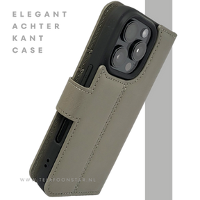 iPhone 16 Pro Max Insteekhoesje Olijfgroen &ndash; Leren Look met Open Bovenkant