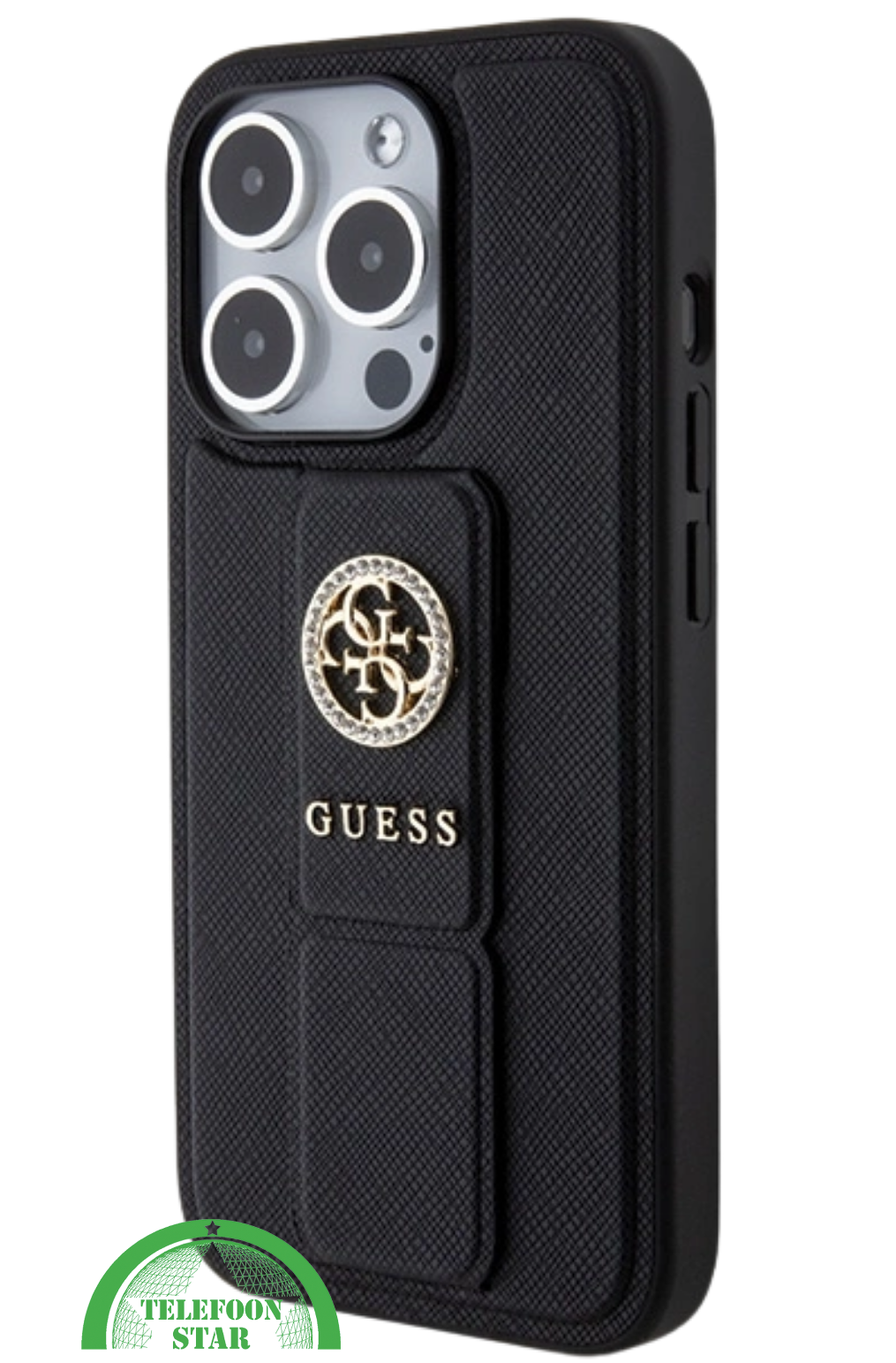 Hoesje voor iPhone 15 Pro met Standaard &ndash; Zwart Design met Gouden Logo