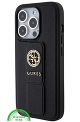 Hoesje voor iPhone 15 Pro met Standaard &ndash; Zwart Design met Gouden Logo