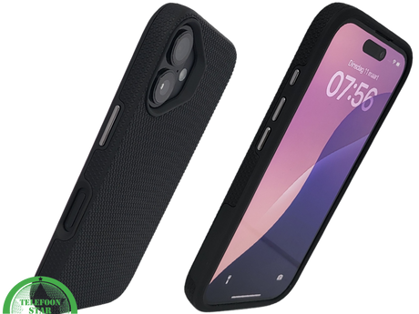 iPhone 16 hoesje zwart met textuur grip en schokabsorberende bescherming
