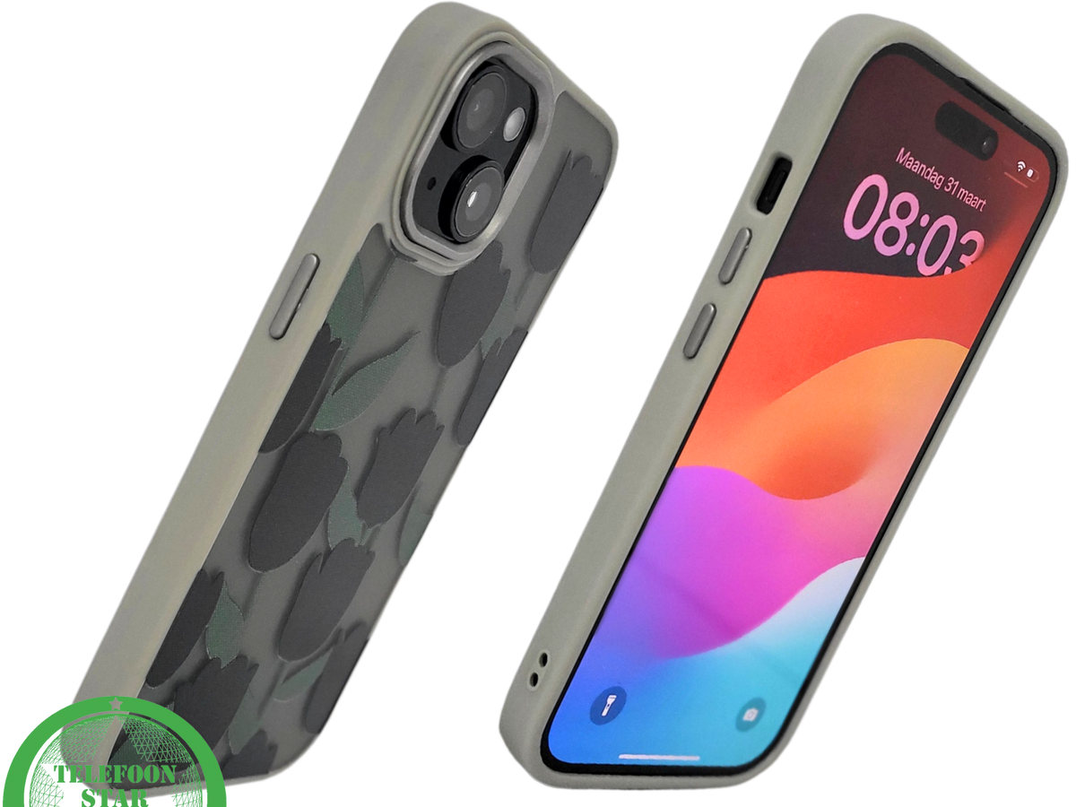 iPhone 15 Hoesje &ndash; Zwarte Tulpen Design met Beige Rand | Stijlvol &amp; Betaalbaar