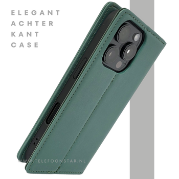 iPhone 16 Pro Bookcase Hoesje Donkergroen &ndash; Luxe Leren Look met Magnetische Sluiting