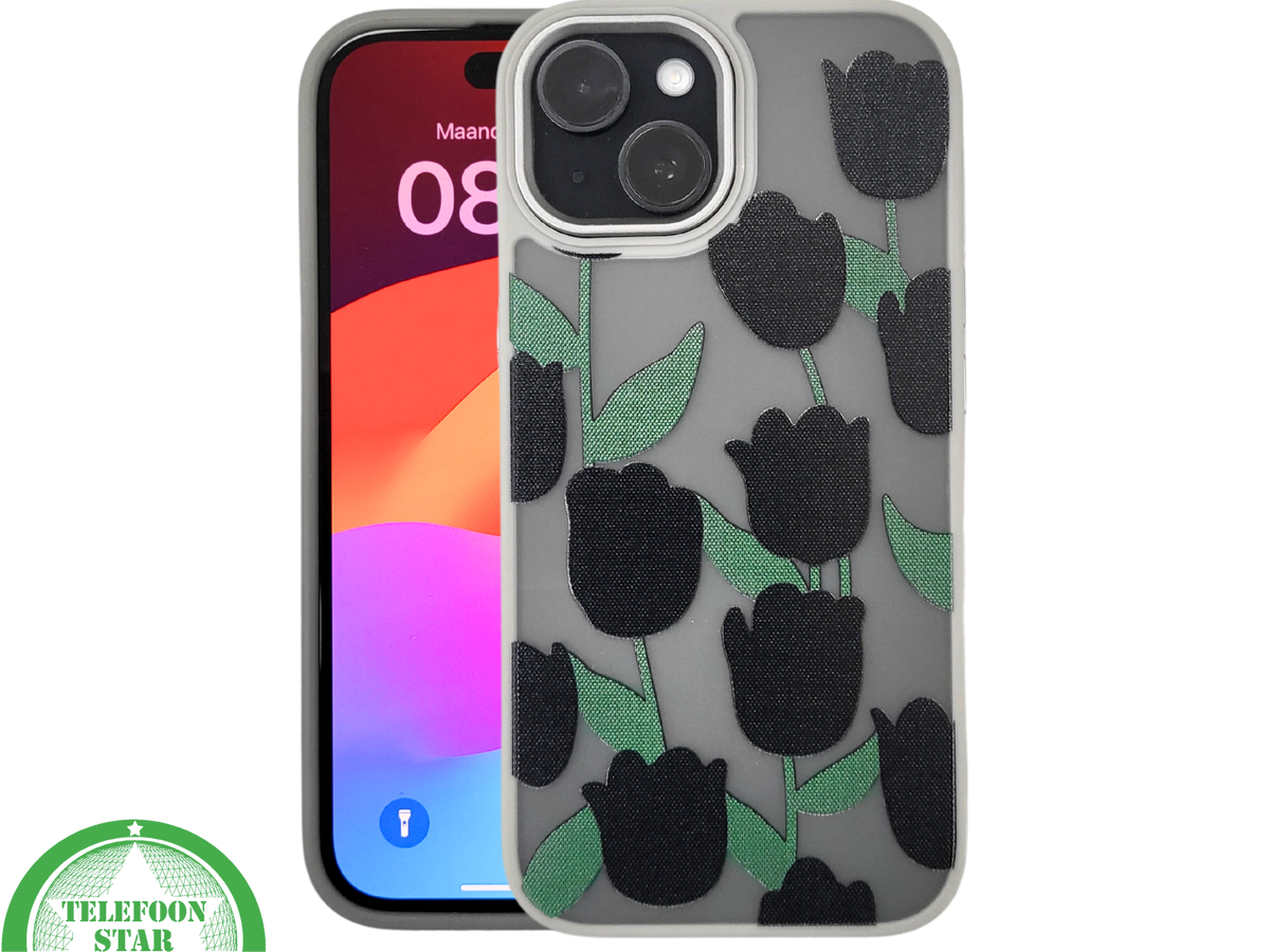 iPhone 15 Plus Hoesje &ndash; Zwarte Tulpen Design met Beige Rand | Stijlvol &amp; Betaalbaar
