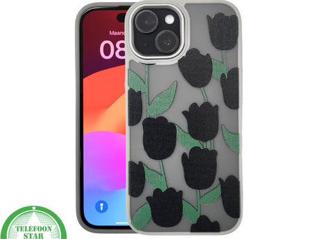 iPhone 15 Plus Hoesje &ndash; Zwarte Tulpen Design met Beige Rand | Stijlvol &amp; Betaalbaar