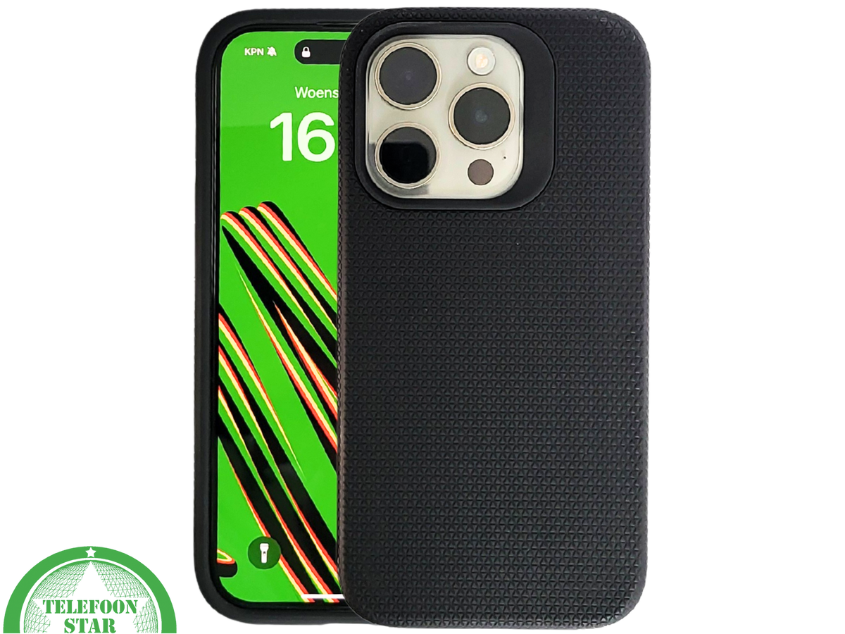 iPhone 15 Pro Max Zwart Hoesje met Structuur &ndash; Schokbestendig &amp; Zakelijk | Telefoonstar.nl