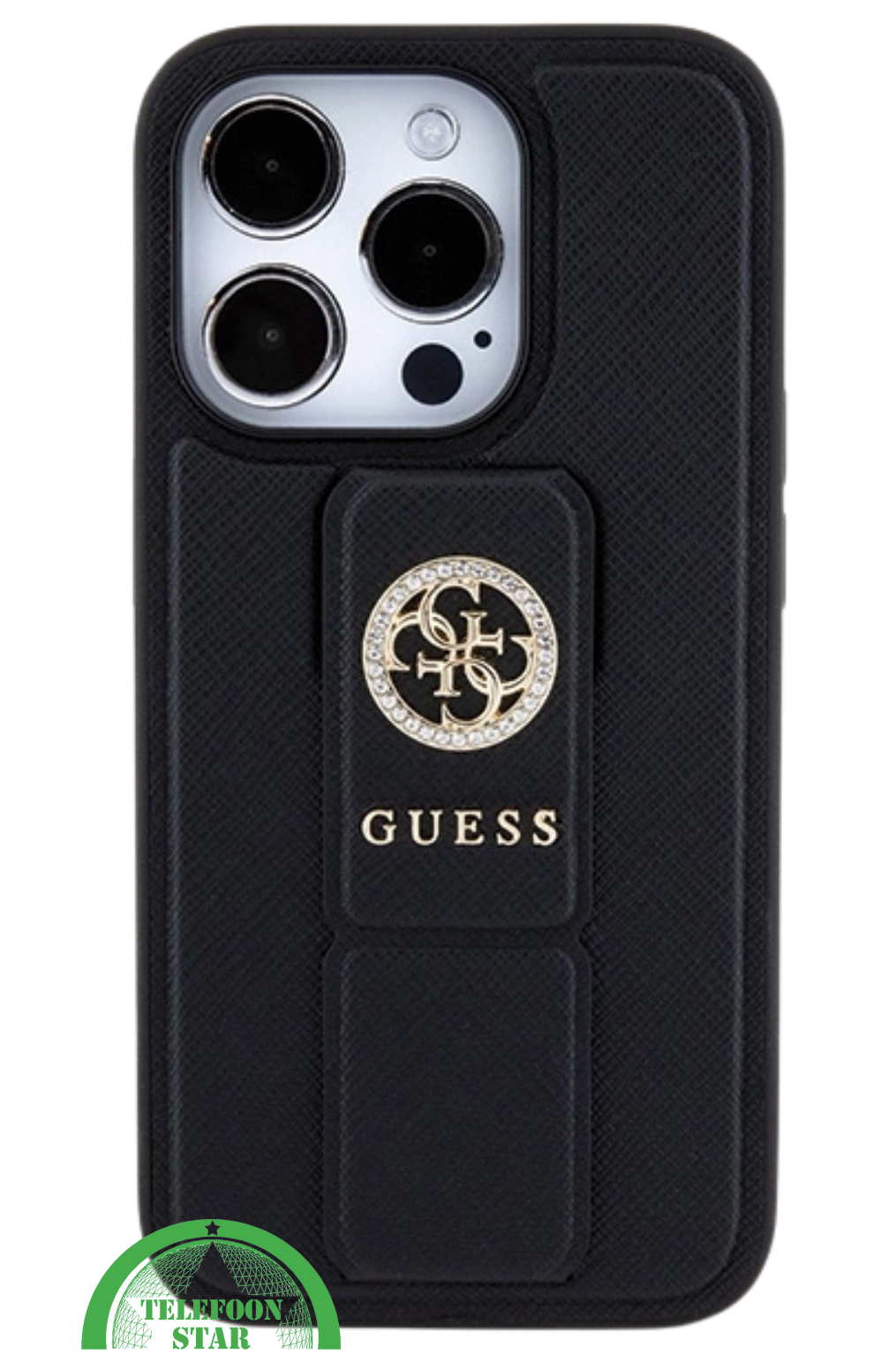 Hoesje voor iPhone 15 Pro met Standaard &ndash; Zwart Design met Gouden Logo