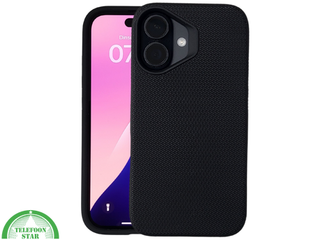 iPhone 16 hoesje zwart met textuur grip en schokabsorberende bescherming