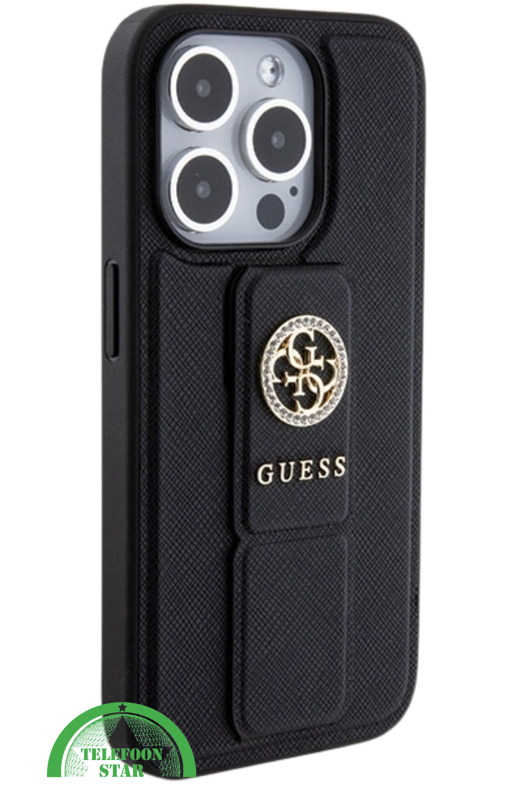 Hoesje voor iPhone 15 Pro met Standaard &ndash; Zwart Design met Gouden Logo