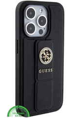 Hoesje voor iPhone 15 Pro met Standaard &ndash; Zwart Design met Gouden Logo
