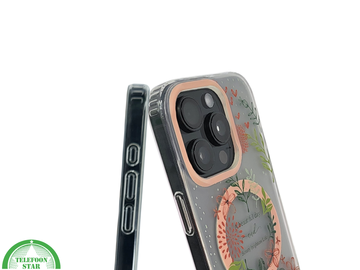 8iPhone 16 Pro Transparant Hoesje Met Bloemenprint En Elegante Tekstdecoratie