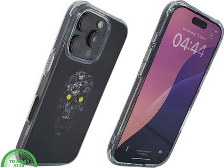 iPhone 16 Pro Zwart Hoesje Met Bloemen Skull Design En Gele Accentdetails