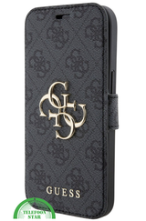 Hoesje voor iPhone 15 Pro Bookcase &ndash; Zwart Bescherming met Gouden Detail en Pasjesvak