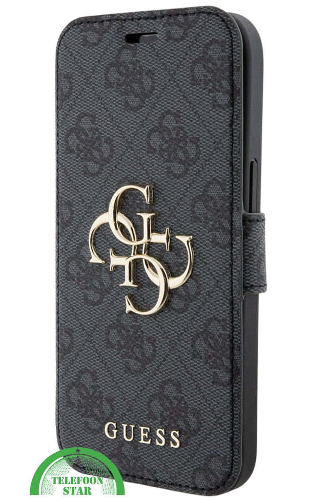 Hoesje voor iPhone 15 Pro Bookcase &ndash; Zwart Bescherming met Gouden Detail en Pasjesvak