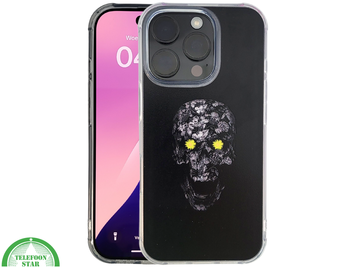 iPhone 16 Pro Zwart Hoesje Met Bloemen Skull Design En Gele Accentdetails