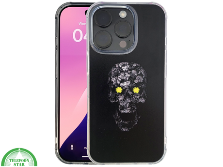 iPhone 16 Pro Zwart Hoesje Met Bloemen Skull Design En Gele Accentdetails