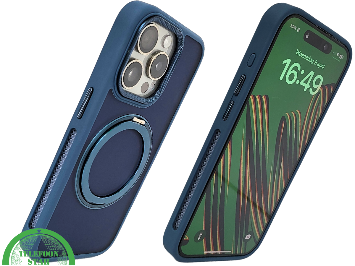 Donkerblauw iPhone 15 Pro Hoesje met Ringhouder &ndash; Grip &amp; Bescherming | Telefoonstar.nl