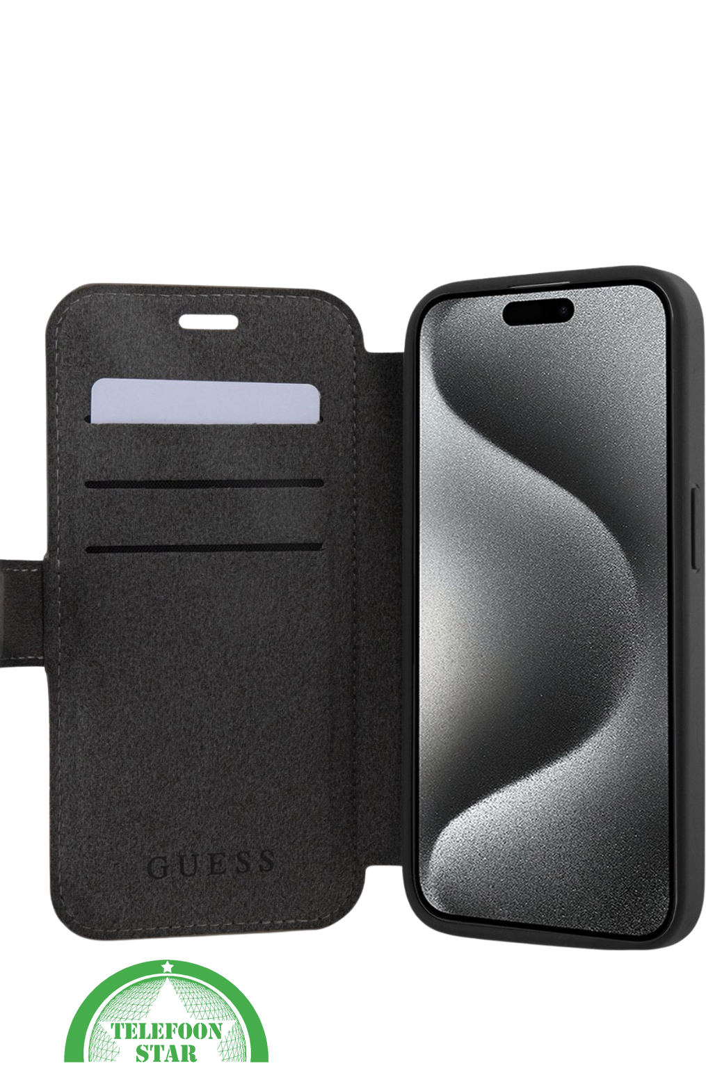 Hoesje voor iPhone 15 Pro Bookcase &ndash; Zwart Bescherming met Gouden Detail en Pasjesvak