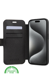 Hoesje voor iPhone 15 Pro Bookcase &ndash; Zwart Bescherming met Gouden Detail en Pasjesvak
