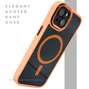iPhone 15 Plus MagSafe Hoesje Oranje-Zwart &ndash; Sportieve Look met Magnetische MagSafe Ring