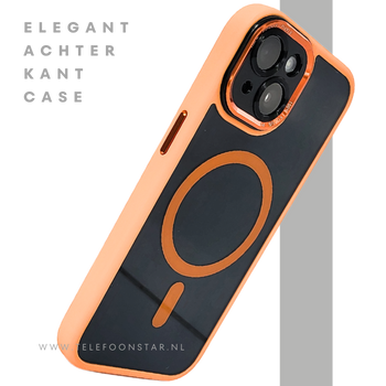 iPhone 15 Plus MagSafe Hoesje Oranje-Zwart &ndash; Sportieve Look met Magnetische MagSafe Ring