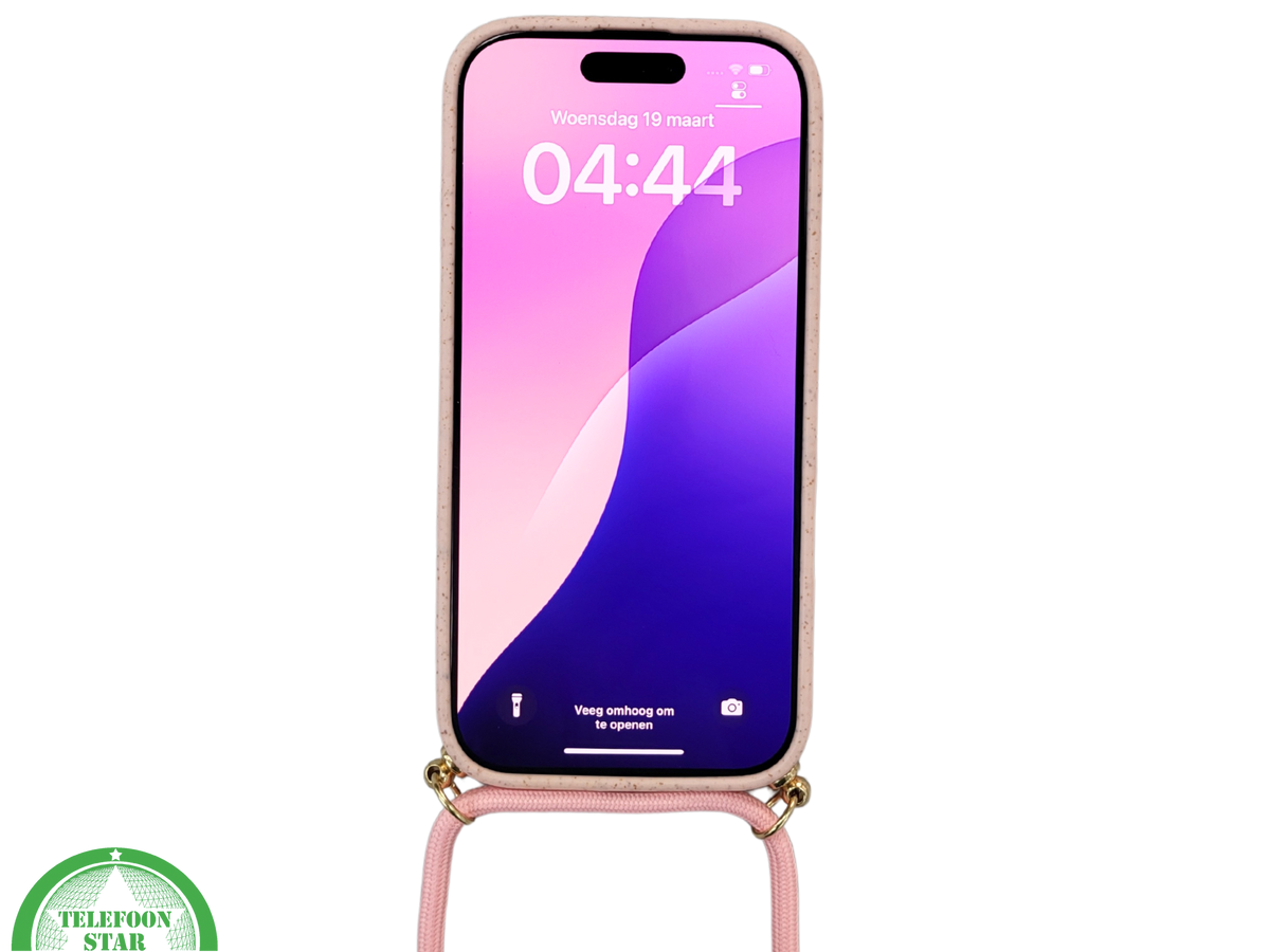 Lichtroze Koord Hoesje &ndash; Duurzaam Siliconen Touwkoord Case Met Draagkoord voor iPhone 16 Pro Max