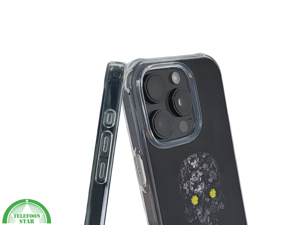 iPhone 16 Pro Zwart Hoesje Met Bloemen Skull Design En Gele Accentdetails