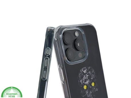 iPhone 16 Pro Zwart Hoesje Met Bloemen Skull Design En Gele Accentdetails