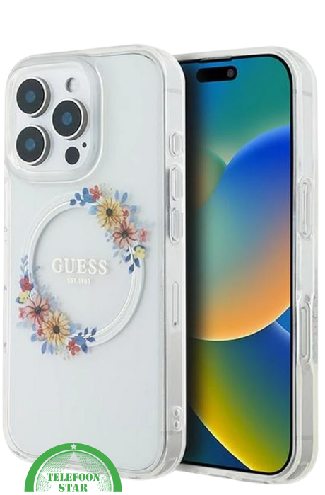 transparante iPhone 16 Pro hoesje met kleurrijk bloemenontwerp