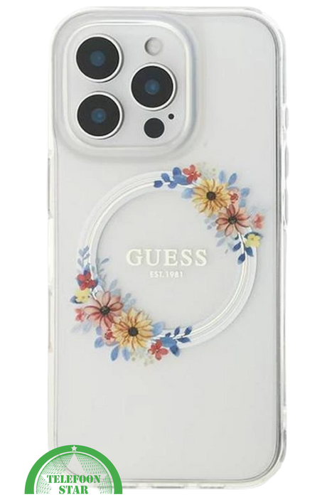 transparante iPhone 16 Pro hoesje met kleurrijk bloemenontwerp