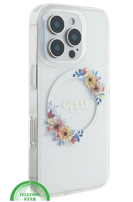 transparante iPhone 16 Pro hoesje met kleurrijk bloemenontwerp
