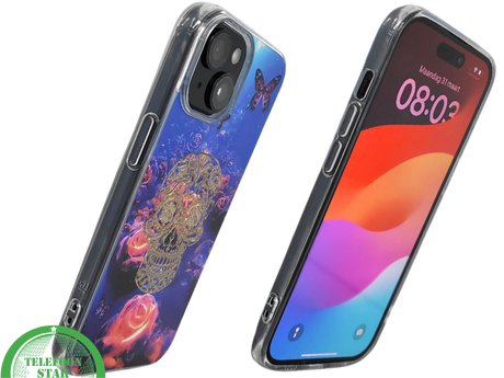 iPhone 15 Plus Hoesje &ndash; Neon Skull &amp; Vlinder Design | Creatief, Stoer &amp; Beschermend