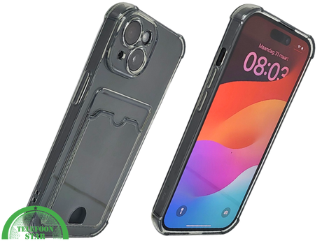 iPhone 15 Plus Transparant Hoesje &ndash; Met Opklapbare Kaarthouder &amp; Stevige Bescherming