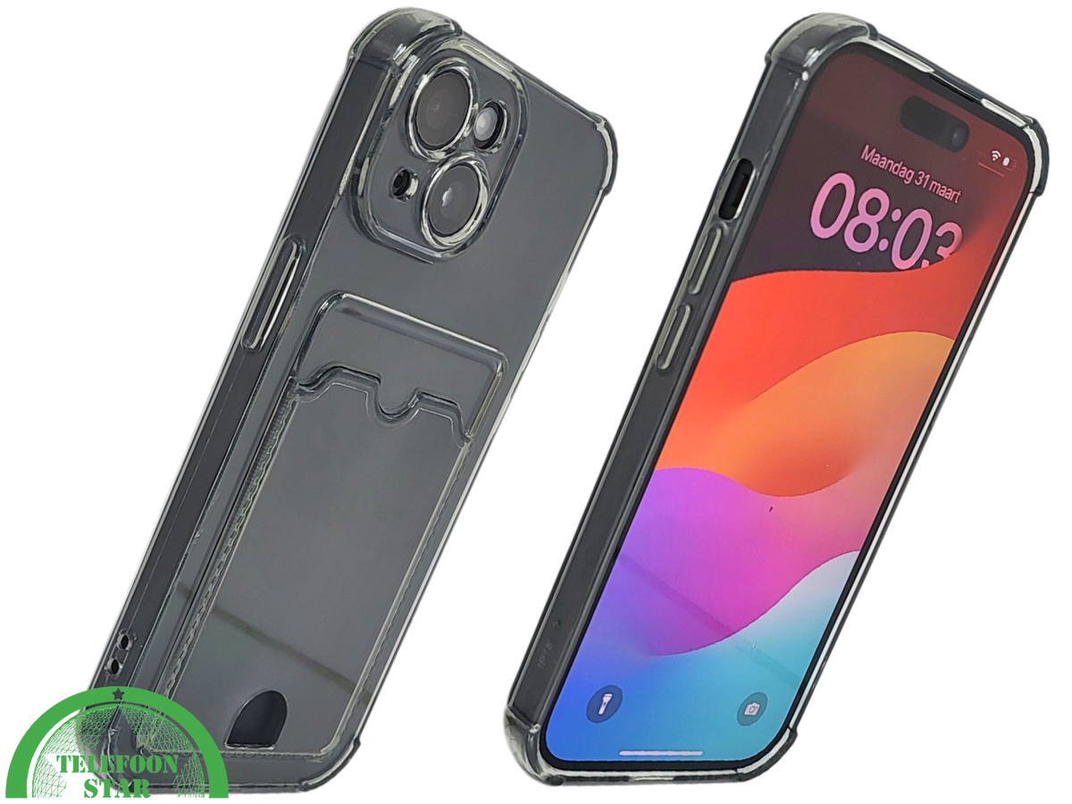 iPhone 15 Transparant Hoesje &ndash; Met Opklapbare Kaarthouder &amp; Stevige Bescherming