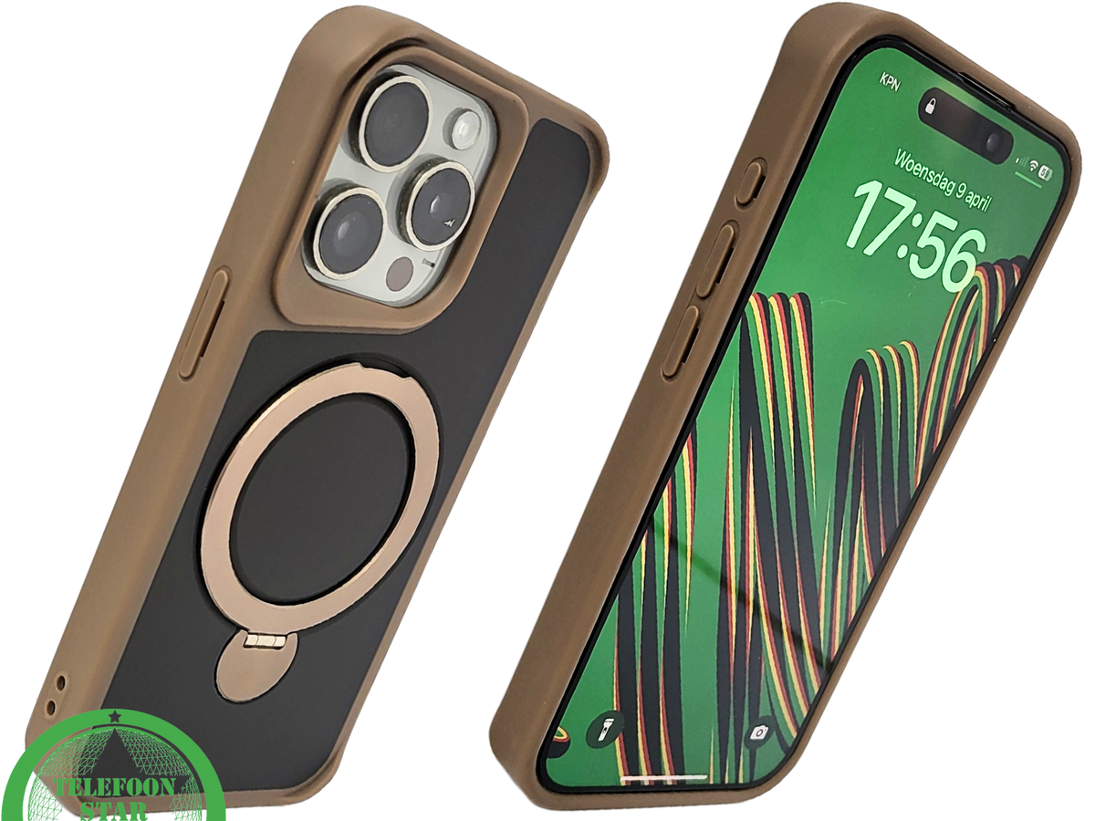 iPhone 15 Pro Hoesje met Ringhouder &ndash; Luxe Bescherming in Bruin-Zwart Design