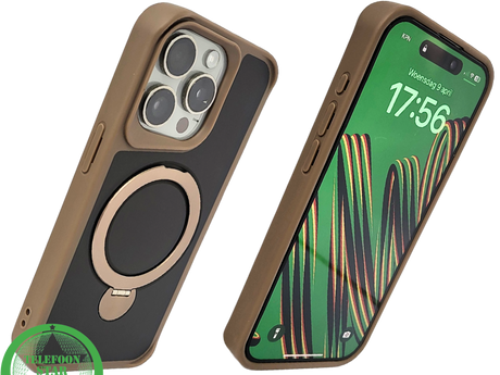 iPhone 15 Pro Hoesje met Ringhouder &ndash; Luxe Bescherming in Bruin-Zwart Design