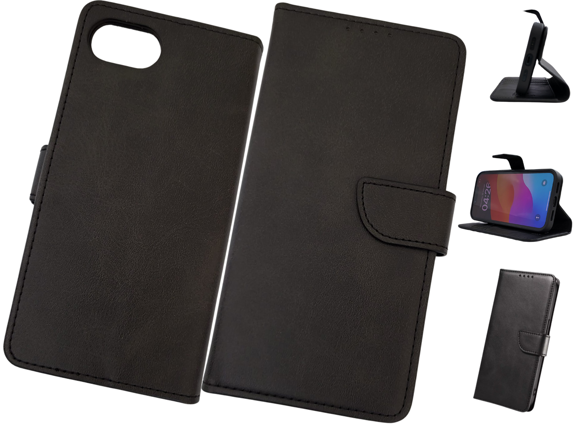 Luxe Boek iPhone 16E (2025)Zwart Leerlook Wallet Case Kaartvakken