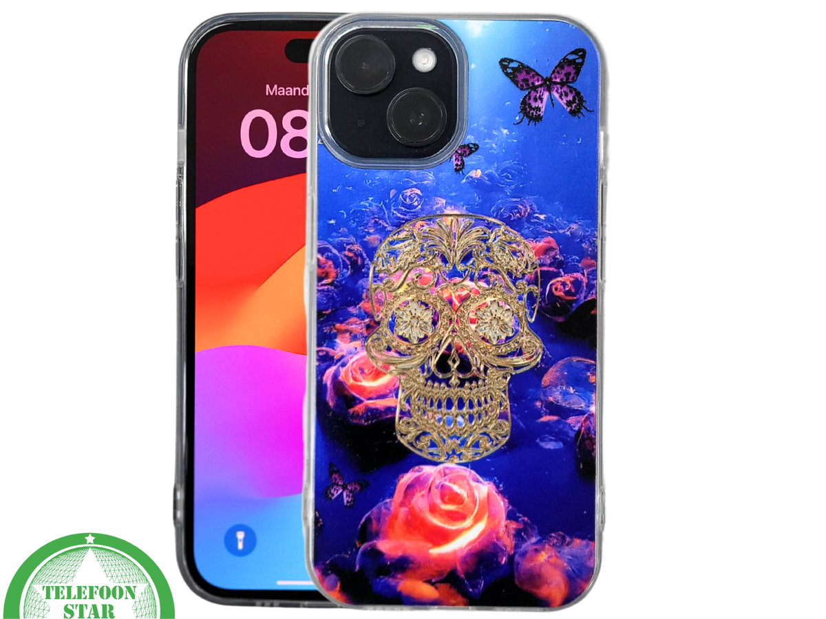 iPhone 15 Plus Hoesje &ndash; Neon Skull &amp; Vlinder Design | Creatief, Stoer &amp; Beschermend