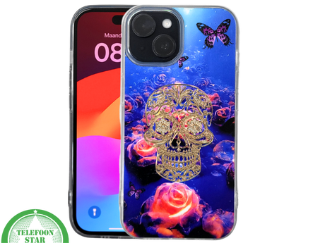 iPhone 15 Plus Hoesje &ndash; Neon Skull &amp; Vlinder Design | Creatief, Stoer &amp; Beschermend