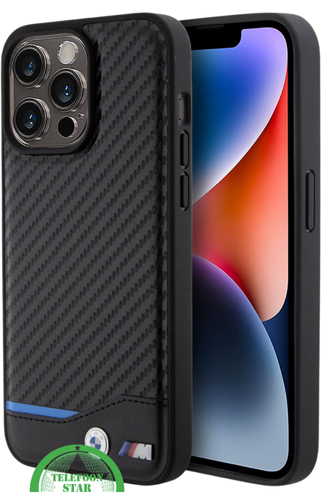 iPhone 15 Pro Design Hoesje &ndash; Zwart Carbon Look met Blauw Streepdetail