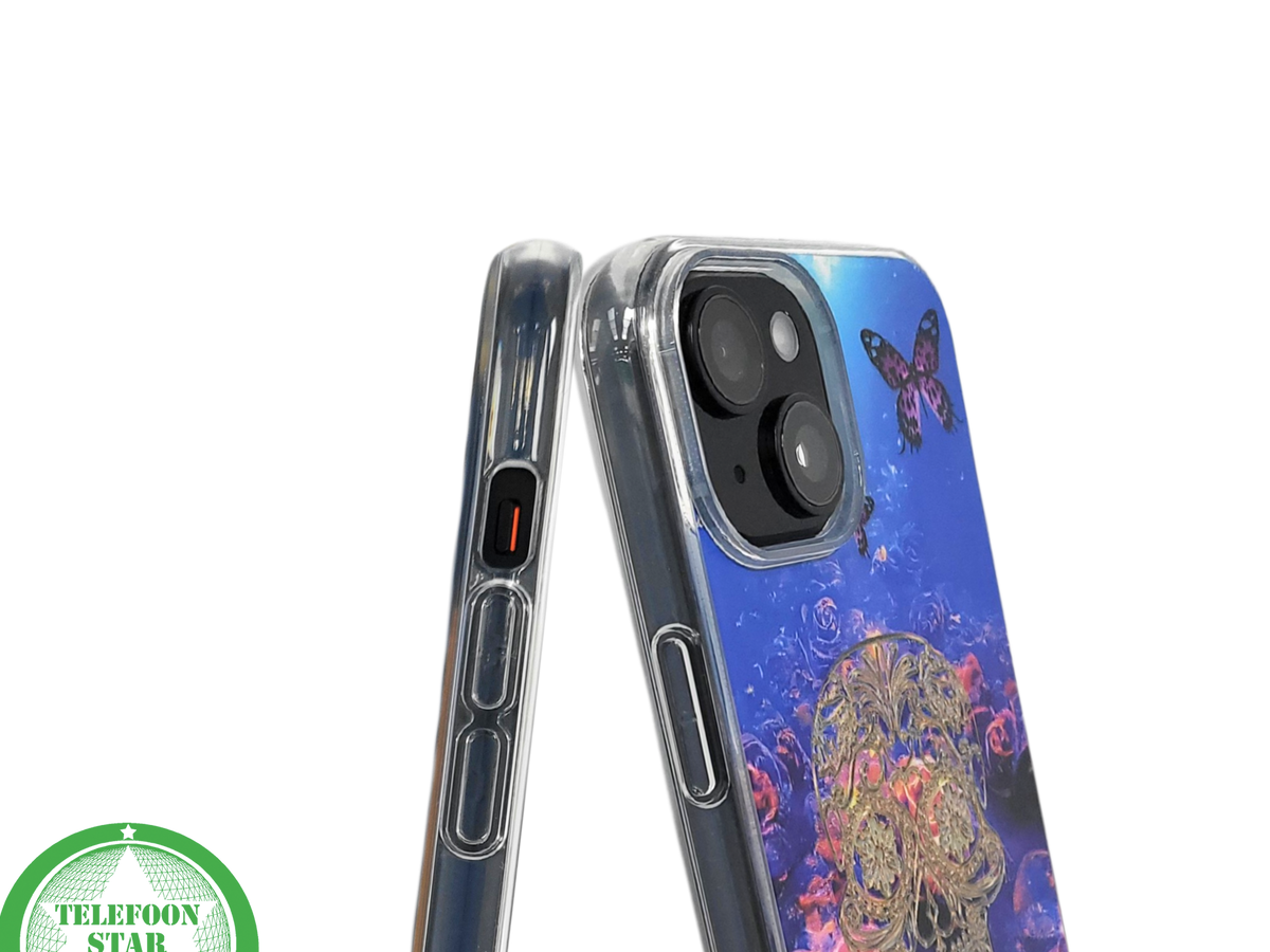 iPhone 15 Plus Hoesje &ndash; Neon Skull &amp; Vlinder Design | Creatief, Stoer &amp; Beschermend