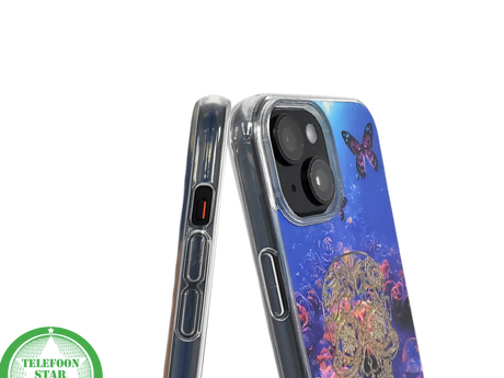iPhone 15 Plus Hoesje &ndash; Neon Skull &amp; Vlinder Design | Creatief, Stoer &amp; Beschermend