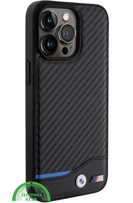 iPhone 15 Pro Design Hoesje &ndash; Zwart Carbon Look met Blauw Streepdetail