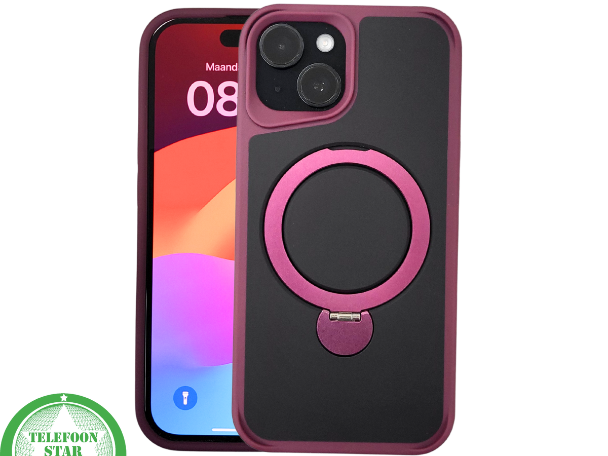 iPhone 15 Plus Hoesje &ndash; Zwart-Bordeaux met MagSafe Ring | Stijlvol &amp; Functioneel