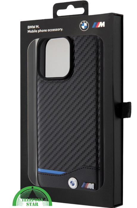 iPhone 15 Pro Design Hoesje &ndash; Zwart Carbon Look met Blauw Streepdetail