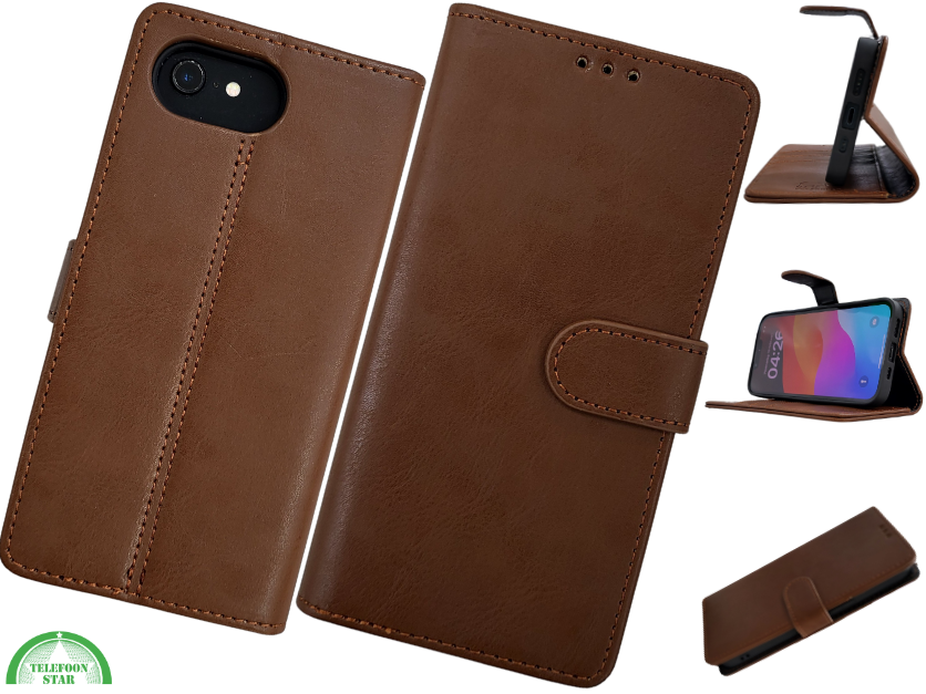 Boek Case Leer Wallet Case Donker Bruin IPhone 16E