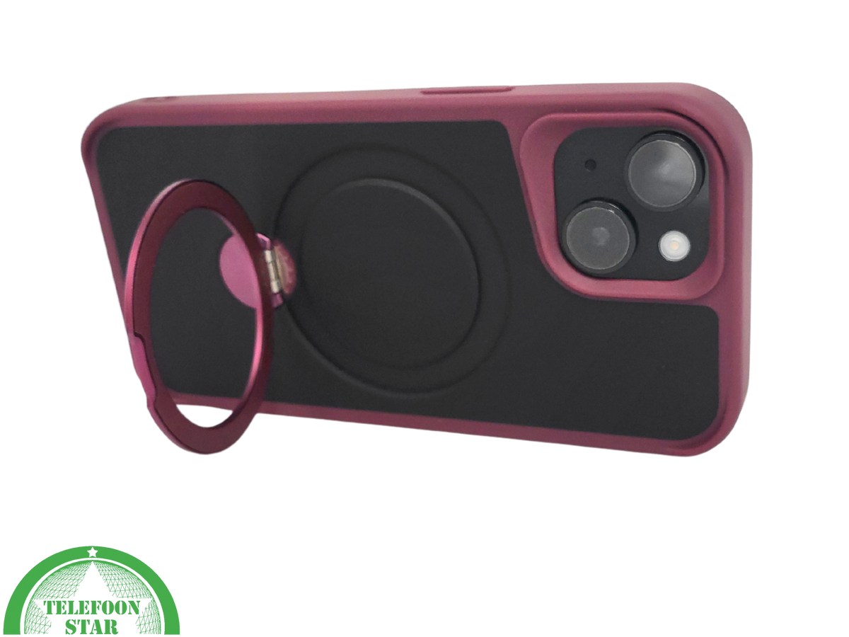 iPhone 15 Plus Hoesje &ndash; Zwart-Bordeaux met MagSafe Ring | Stijlvol &amp; Functioneel